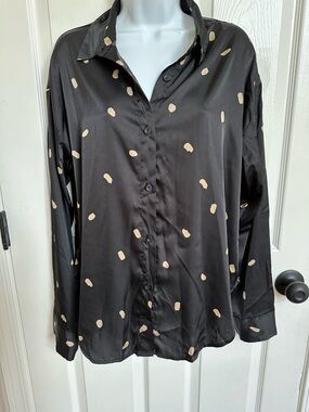 Blu Pepper Black Satin Button-Down with Cream Dot Print